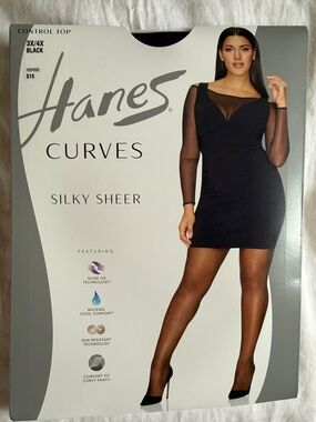 Hanes Curves Silky Sheer Control Top Black Hosiery